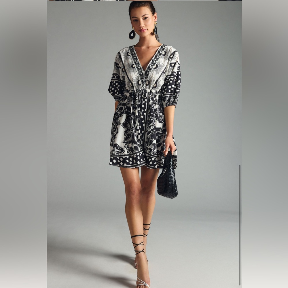 FARM Rio for Anthropologie Puff-Sleeve Mini Dress | M | Black & White